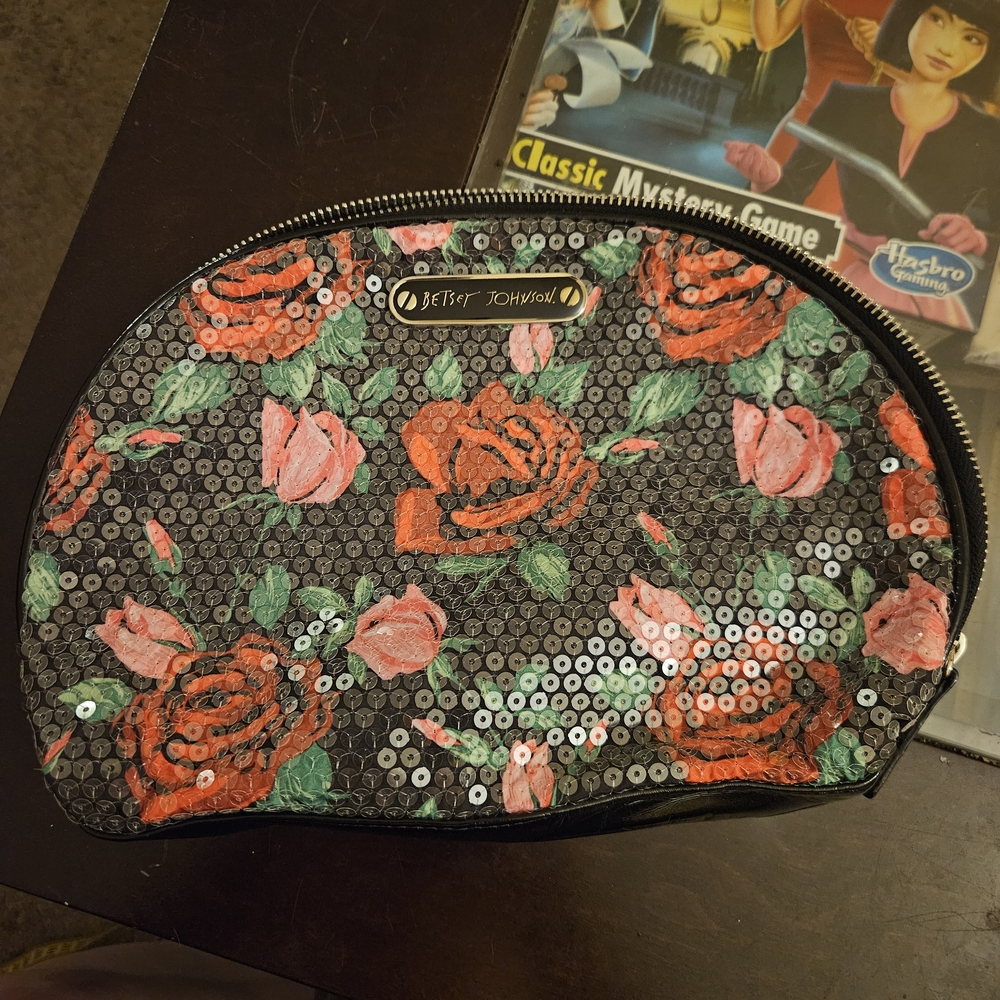 Betsey Johnson Black and Pink Floral Sequin Cosmetic Bag
